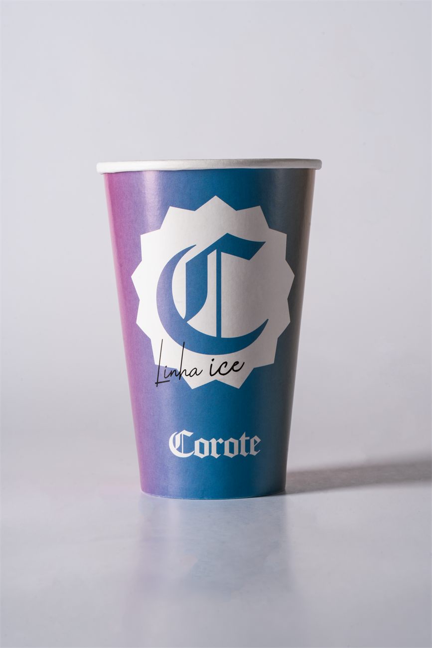 Copo de papel personalizado com efeito holográfico para a marca Corote